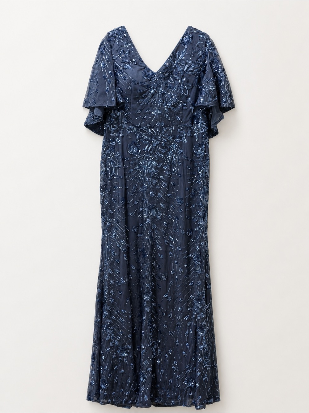 XUIBOL Women’s 2X Blue Sequin Formal Maxi Dress Flutter Sleeve Evening Gown
